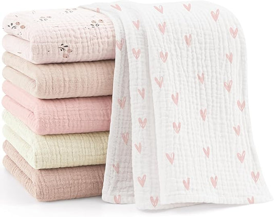 Bearmoss 100% Cotton Muslin Burp Cloths, 6 Pack Absorbent Large Baby Burping Cloths for Boy, Girl, 23.6" X 23.6" Newborn Essentials (Pink Print)