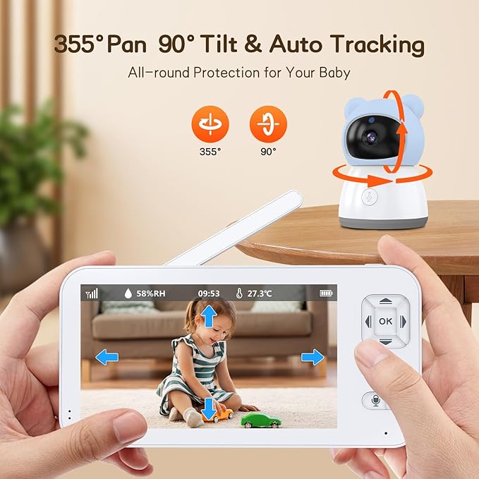 2K WiFi Baby Monitor with 5'' 1080P Screen, Smart Baby Camera with App Control, 360°Auto Tracking, Motion & Sound & Humidity & Temperature Detection, Night Vision, 2-Way Talk,Long Battery Life