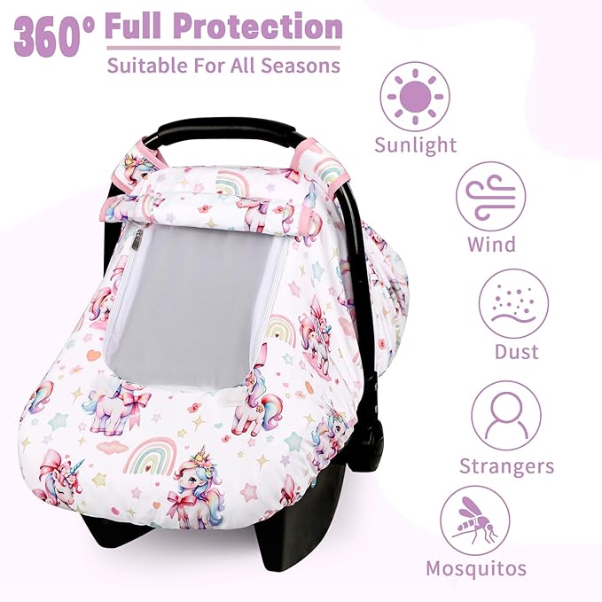 Car Seat Cover Baby, HNHUAMING Infant Car Seat Covers Canopy for Baby Girl Boy, Cozy & Windproof Unicorn Newborn Carseat Covers Minky Dot Backing Stroller Cover with Breathable Mesh Window, Rainbow