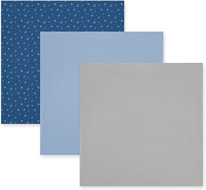 3-Pack 100% Cotton Muslin Swaddle Blankets, Large 47 x 47 Inches — Breathable Soft Receiving Blankets for Newborns, Swaddling Wraps, Registry Gift (Bold Blue Mix)