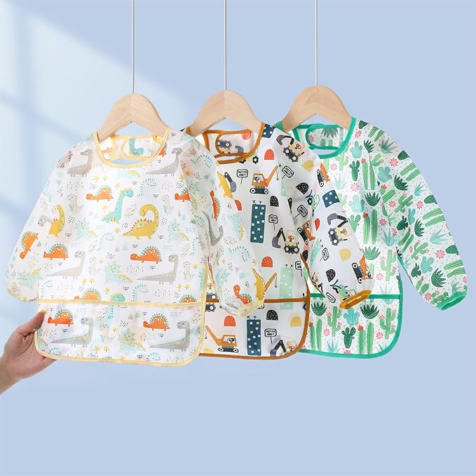 HaimoBurg 3 Pcs Waterproof Long Sleeves Baby Bibs Weaning Smock Bib 3-24 Months