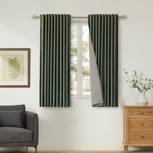 100% Full Blackout Olive Green Velvet Curtains 63 inch Long for Living Room,Set of 2 Liner Rod Pocket Back Tab Thermal Window Curtains Room Darkening Heavy Decorative Curtains Drapes for Bedroom
