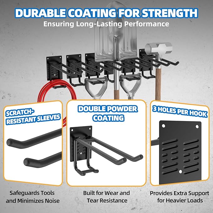 4 Pack Garage Hooks Heavy Duty 10 INCH Two-Tier Steel Shed Wall Mount Workshop Garage Storage Organizer Hooks for Hanging Garden Tool, Hose, Ladder, Chairs, Bikes with Anti-Slip Coating