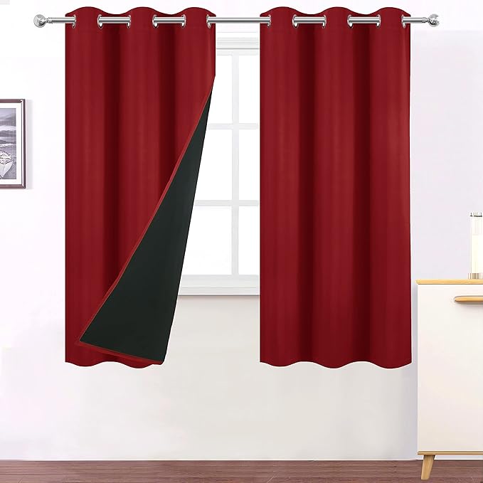 LEMOMO Red Curtains 40 x 63 Inch Length 100% Blackout Curtains 2 Panels with Black Liner/Double Layer Full Room Darkening Curtains for Living Room