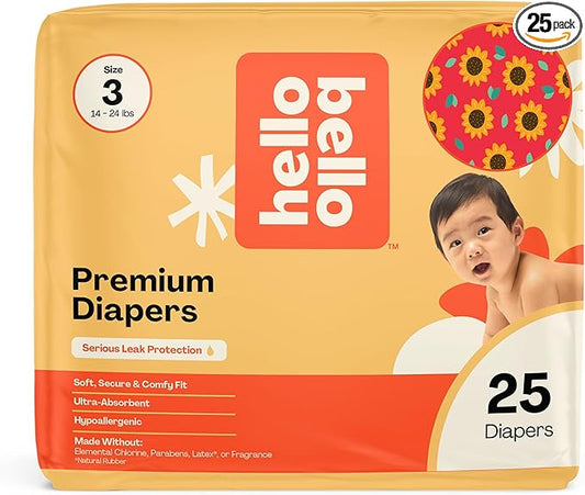 Hello Bello Diapers, Size 3 (14-24 lbs) Flower Child, 25 Count of Premium Disposable Baby Diapers, Hypoallergenic with Soft, Cloth-Like Feel