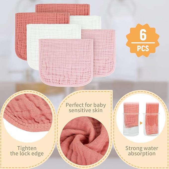 MIGIOL Baby Burp Cloth 100% Cotton Newborn Cotton Muslin Burp Cloth 10x20 inches (White & Pink 6 Pieces)