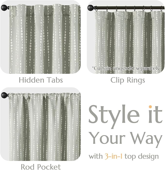 jinchan 95% Blackout Bohemian Moon Phase Print Bedroom Drapes 63 Inch Length Grey Pole Mouth Rear Label Insulated Curtains for Nursery Grey Curtain Set 2 Panels