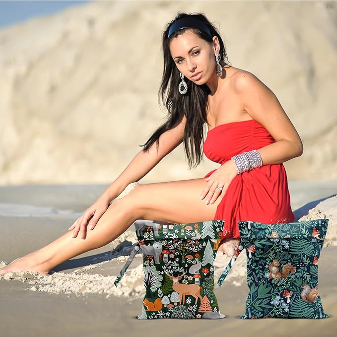 2Pcs Forest Animal Wet Bags 12x10 Inch, Cottage Core Botanical Waterproof Travel Laundry Bags, Squirrel Fox Wolf Reusable Wet Dry Bag for Swimsuit Pool Beach Diapers Dirty Yoga Gym Clothes