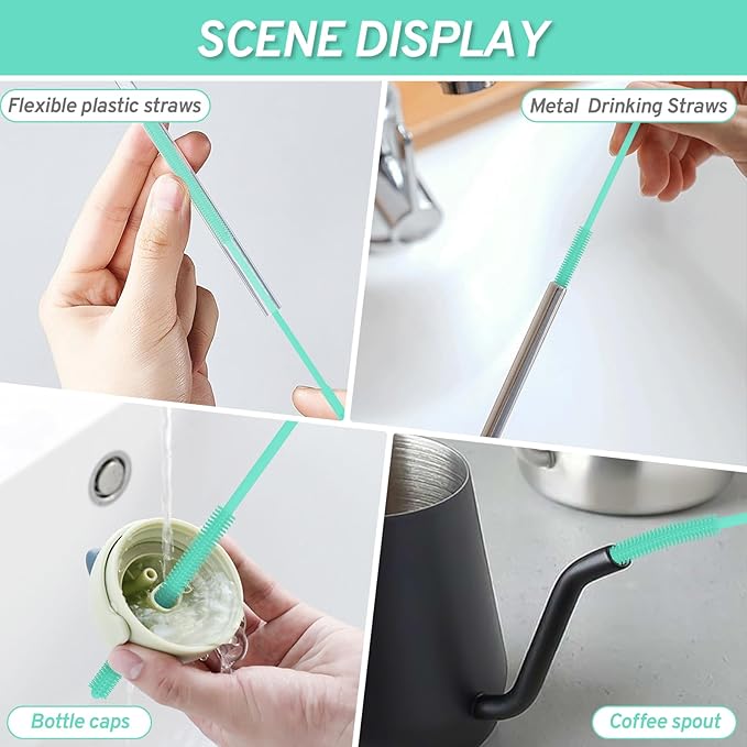 WQSS AOEIU Reusable Silicone Straw Brush,Straw Cleaner,Pipe Cleaners,Extra Long Cleaner Brush for Cleaning Bottle Metal Glass Straws Drink Lid,Straw Cover,Smoothie Straw,Drinking Mint Green 6mm+8mm