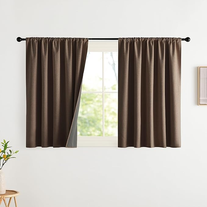 NICETOWN Coffee Vintage Faux Linen 100% Blackout Curtains, Set of 2, 42 x 36 Inches, Rod Pocket Thermal Insulated & Noise Reducing Drapes for Living Room, Bedroom, Nursery, French Decor