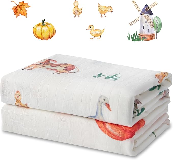 70% Rayon Made from Bamboo 30% Cotton Muslin Swaddle Blanket, 47 x 47 Inches, Pumpkin Print Baby Receiving Blanket, Soft and Breathable, Unisex, 2 Pack