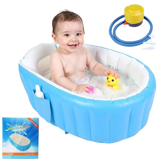 Inflatable Baby Bathtub, Collapsible Safe Baby Bath Tub, Portable Travel Shower Basin with Built-in Air Pump, Newborn to Toddler Bath Tub, Deflates and Folds Easily, Non-Slip (Blue)