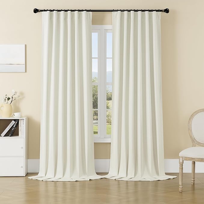 DUALIFE 90 Inch Long Beige Blackout Linen Curtains 2 Panels for Living Room,Pinch Pleated Rod Pocket/Back Tab/Hook Belt Thermal Insulated Drapes for Bedroom,Cream Ivory Beige,50x90 Inch