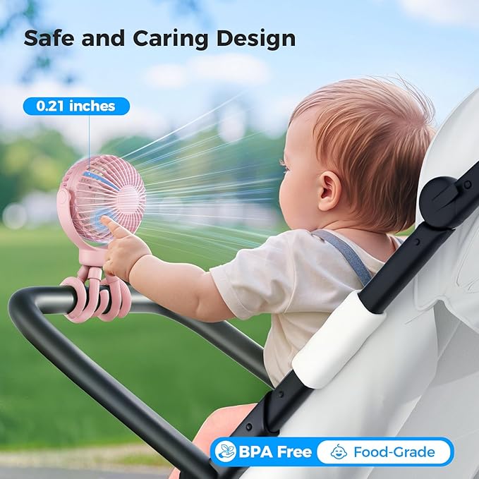 Portable Baby Stroller Fan - 3-Speed Flexible Tripod Personal Fan Clip on for Bed, Rechargeable Battery Powered, Newborn Summer Cooling Essentials for Car Seat, Bike, Sleep, Travel (Pink)