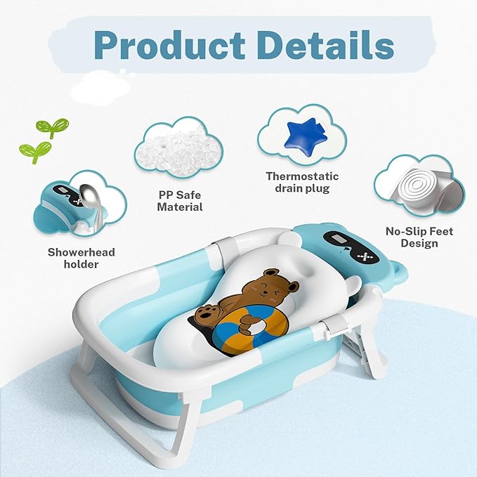 AVIDOR Baby Bathtub,Collapsible Bathtub for Newborn to Toddler,Durable Essential Infant Bath Tub,Portable Travel Baby Bathtub with Soft Cushion,No-Slip Hanging and Detachable Bathtub(Blue)