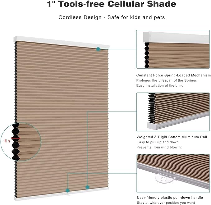 Changshade Blackout Blinds, Cordless Cellular Shades, Honeycomb Blackout Shades, Room Darkening Blinds, Pull Down Window Shades, Easy to Install Honeycomb Window Blinds for Home&Office, Light Brown