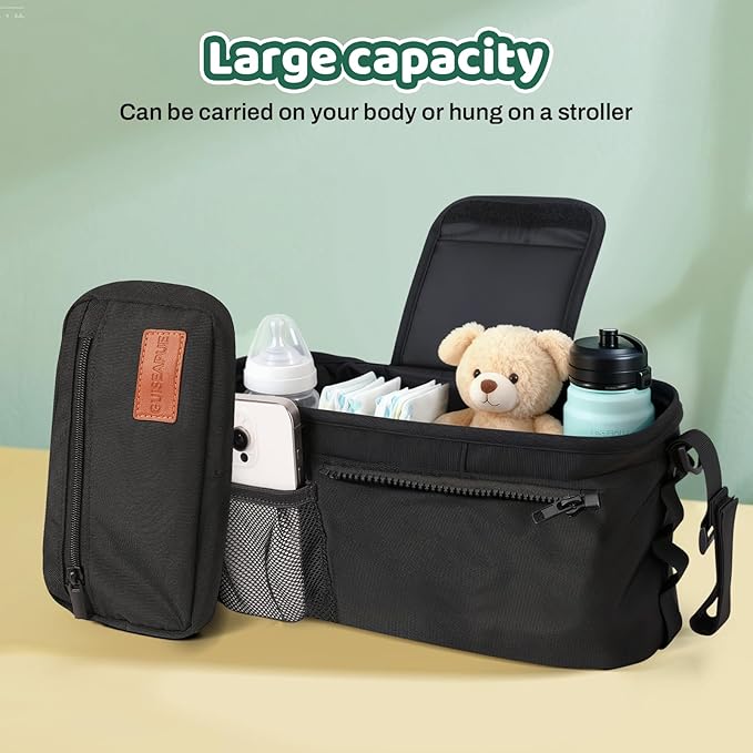 Guiseapue Universal Stroller Organizer with Cup Holder: Baby Essentials, Stroller Caddy Accessories with Detachable Phone Bag, Non-Slip Straps, Fits for Uppababy, Baby Jogger, New Moms Baby Gifts