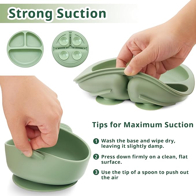 Bufims Silicone Baby Feeding Set, Baby Led Weaning Supplies, Eating Essentials Utensils with Suction Plate and Bowl, Pocket Bib, Sippy Cup with Lid, Forks Spoons Snack Container, for 6+ Months, Green