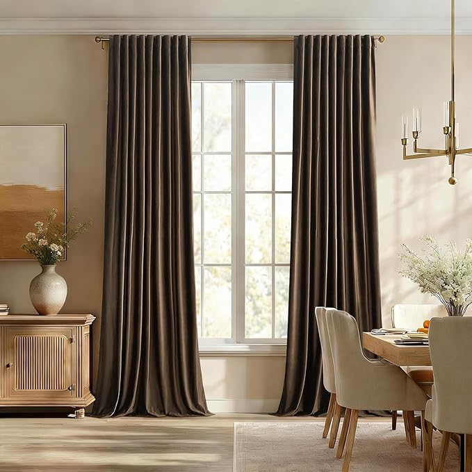 PRIMROSE 100% Full Blackout Brown Velvet Curtains 90 inch Long for Living Room,Set of 2 Liner Rod Pocket Back Tab Thermal Window Curtains Room Darkening Heavy Decorative Curtains Drapes for Bedroom
