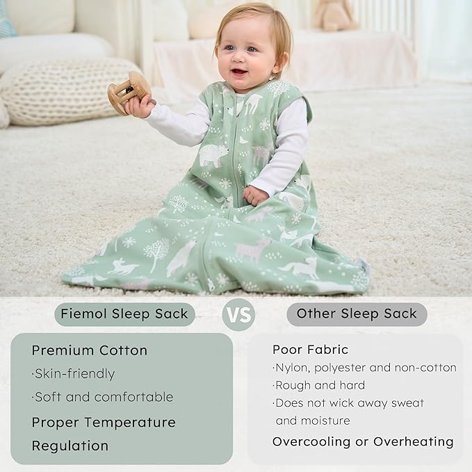 FIEMOL Baby Sleep Sack 12-18 months, 100% Cotton Sleeping Sack for Toddler, 3 Pack Baby Wearable Blanket, 0.5 Tog Lightweight Double Zipper Sleep Bag Large Green Forest Bear