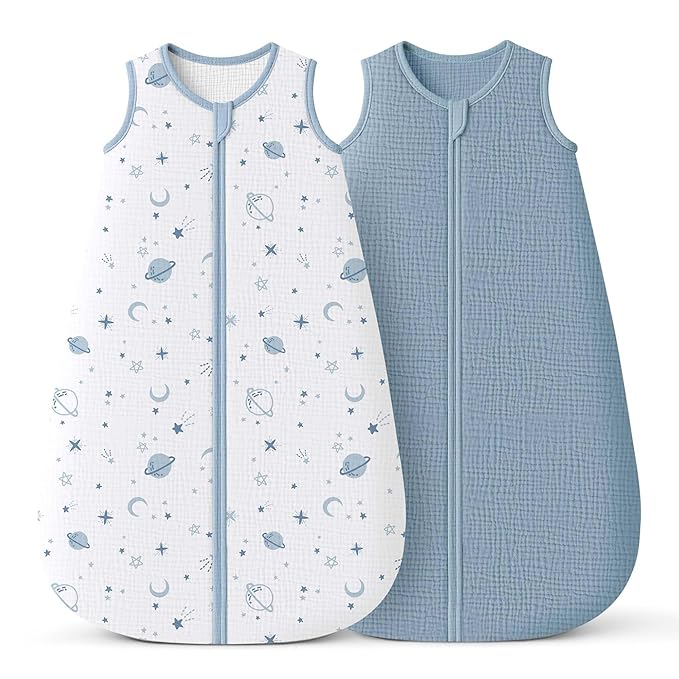 Konssy Muslin Baby Sleep Sack 18-24 Months 0.8 TOG, 2 Pack 100% Cotton Wearable Blanket for Babies, 2-Way Zipper Breathable Sleeping Sack Infant Toddler Essentials for Girls and Boys (Star, Blue)