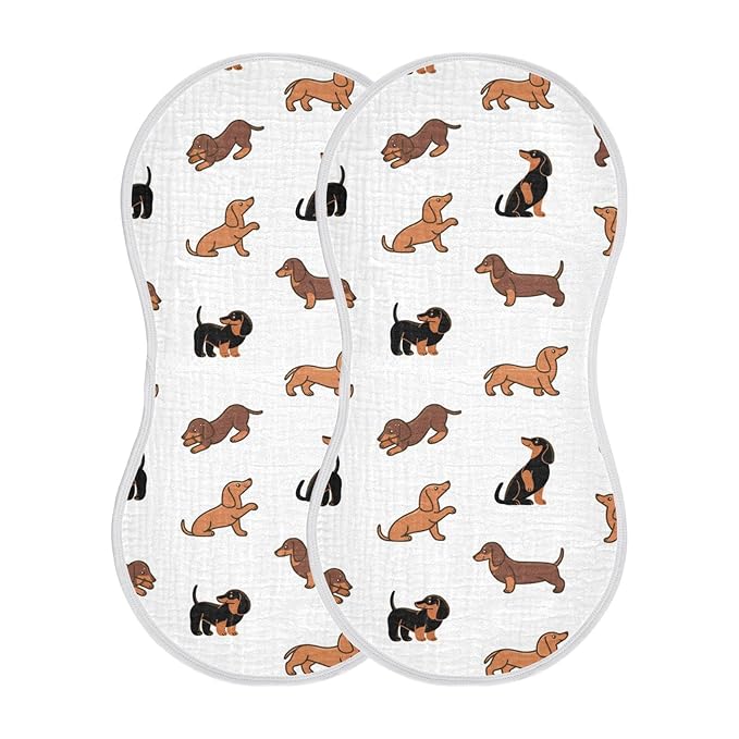WELLDAY Muslin Baby Burp Cloths Set of 4, Soft Absorbent Cute Dogs Dachshunds Muslin Washcloths, Bibs, Face Towel for Newborn Boys Girls, 22 x 11 Inch