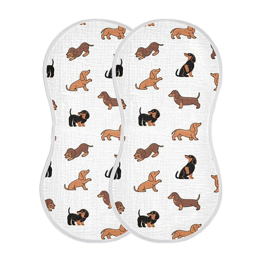 WELLDAY Muslin Baby Burp Cloths Set of 4, Soft Absorbent Cute Dogs Dachshunds Muslin Washcloths, Bibs, Face Towel for Newborn Boys Girls, 22 x 11 Inch
