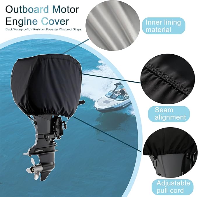 Heavy Duty Outboard Motor Engine Cover for Boat, Up to 30 HP, 22 * 11.8 * 15.7 inches Semi-Cover，Black Waterproof UV Resistant Polyester Windproof Straps, Fits Most Brands