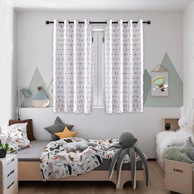 MYSKY HOME 100% Blackout Curtains for Girls Bedroom 63 Inch Long Purple Pom Pom Curtains for Kids Room 2 Panels Room Darkening Window Treatment 2 Layered Drapes Toddler Grommet 52W x 63L