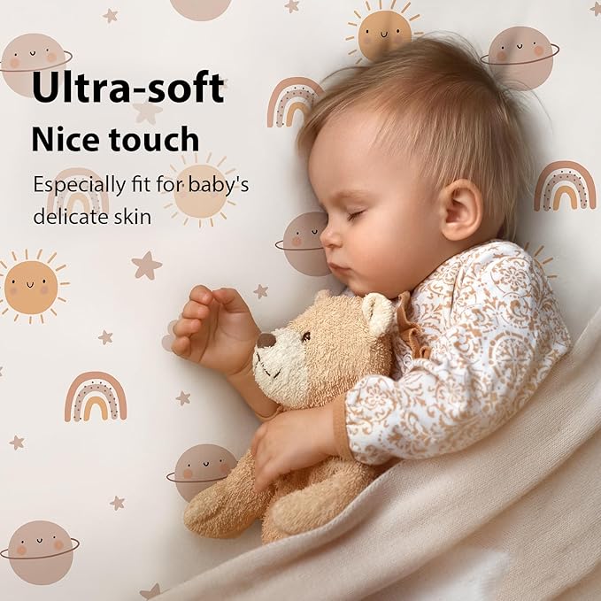 Baby Mini Crib Sheets Boy, Portable 38”x26” Pack and Play Sheets Fitted for Playard and Pack N Play Mattress, 3-Pack Soft Microfiber Orange Sun Rainbow