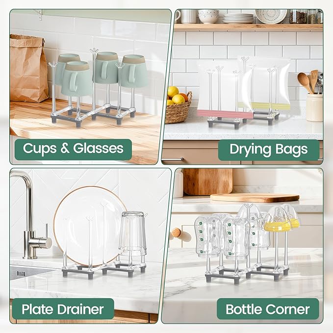 EsLuker.ly Baby Bottle Drying Rack Plastic Vertical Dryer Holder, Foldable Space Saving for 12 Milk Glass Bottle Countertop, Drain Stand Shelf for New Parents