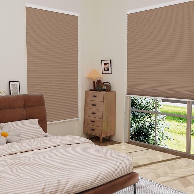 MYshade Cordless Blackout Cellular Shades for Windows, Honeycomb Window Shades with Thermal Insulation, Child & Pet Safe Room Darkening Shade, Easy Install,24" W x 50" H, Light Brown