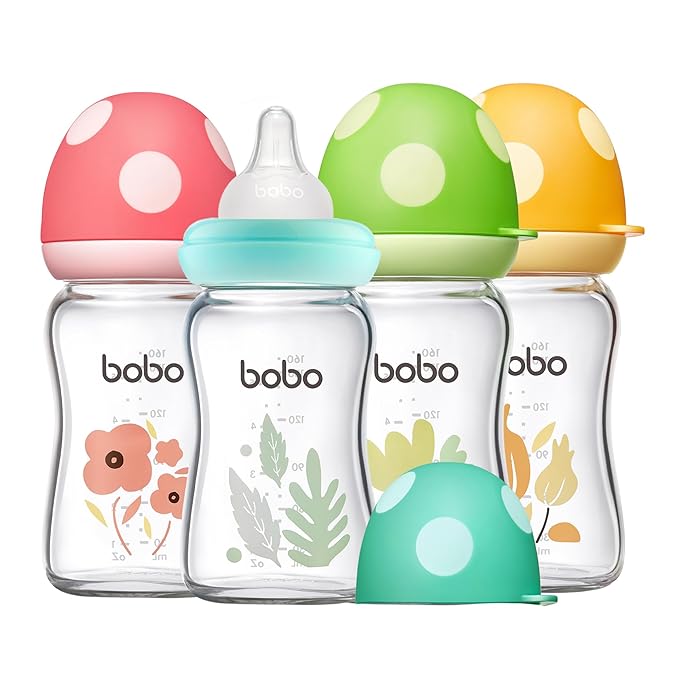 YOHKOH Natural Glass Baby Bottle with Level 1 Slow Flow Nipple, Newborn Anti-Colic Baby Bottles, Wide Neck Mushroom Baby Glass Bottle (Multicolour1, (5.4oz (Pack of 4))