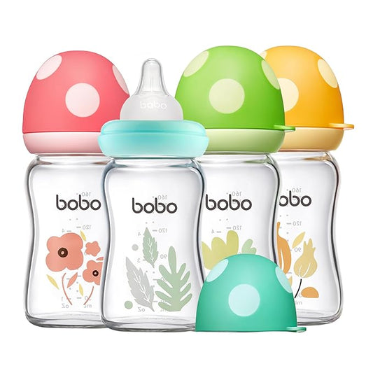 YOHKOH Natural Glass Baby Bottle with Level 1 Slow Flow Nipple, Newborn Anti-Colic Baby Bottles, Wide Neck Mushroom Baby Glass Bottle (Multicolour1, (5.4oz (Pack of 4))