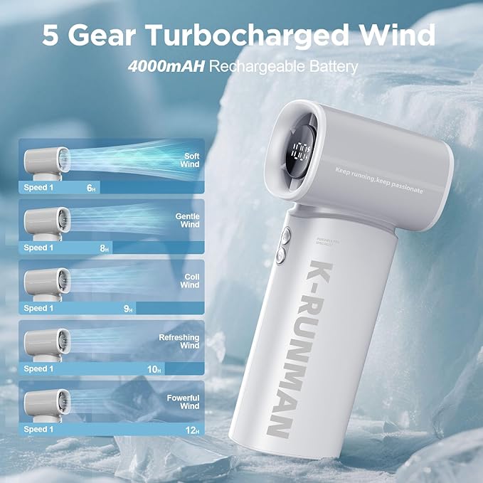 Portable Handheld Turbo Fan, 5 Gear Wind, Battery Operated, Up to 12 Working Hours, LED Display with Air Turbo Tech Cooling Fan for Outdoor Activities, Travel, Beach (Gray)