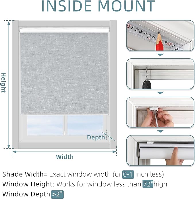 ChrisDowa Cordless 100% Blackout Roller Shade, with Striped Jacquard, Thermal Insulated, UV Protection Fabric, Total Blackout Blinds for Window, French Doors, Home and Office. Light Grey, 42"W x 72"H