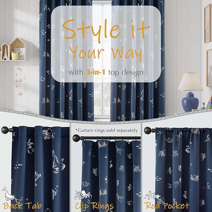 Vangao Kids Curtains for Boys Bedroom Kids Blackout Curtains 84 Inch Length Ocean Aquarium Nursery Drapes for Girls Bedroom Silver Sea Animals Print Thermal Insulated Drapes, Navy Blue 2 Panels