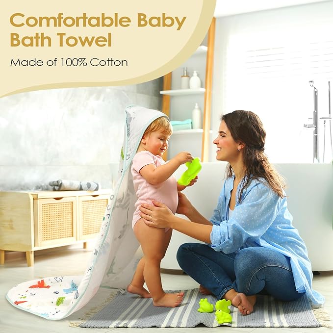 Baby Bath Towels 100% Muslin Cotton Hooded Baby Towels 2 Pack Shower Gifts for Newborn, Infant, Toddler, Kids,Super Soft and Absorbent, Large 35x35Inches