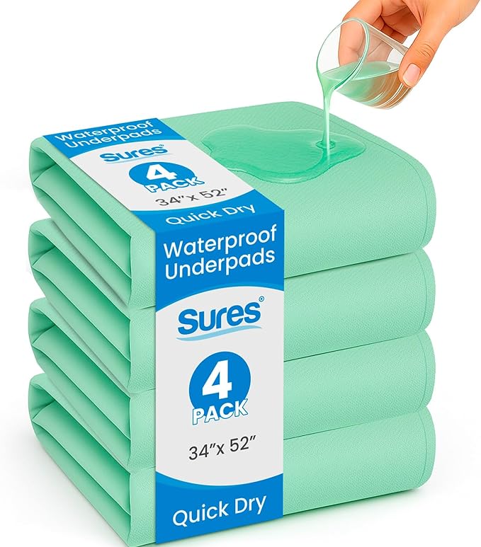Sures Washable, Waterproof Bed Pad & Mattress Protector for Incontinence (34" x 52" - 4 Pack) - Reusable Bed Pad for Adults & Elderly - Bed Wetting Protection Mattress Pad - Underpad Bedwetting Sheet