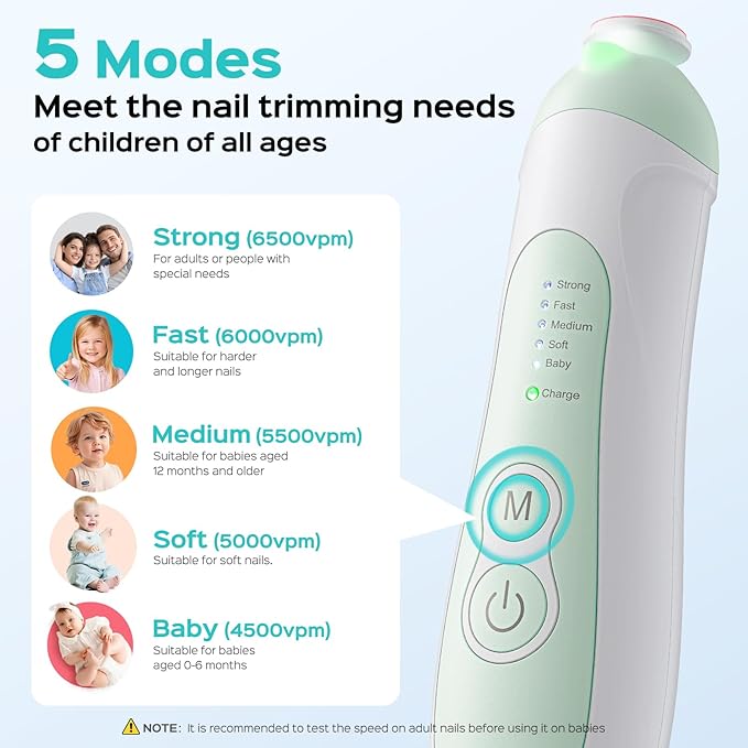COSLUS Rechargeable Baby Nail File: Cordless Baby Nail Trimmer Electric with 5 Speeds & 6 Grinding Heads for Baby Kid, CPC Certified and Quiet Design - Safe for Sleep Trim Buffer, C52, Green