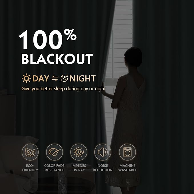 FMFUNCTEX 100% Blackout Curtains for Bedroom, Mistleaf Curtains 90 Inches Long Textured Thermal Insulated Curtains for Living Room Drapes, Black Out Drapery Grommet Room Darkening 2 Panels