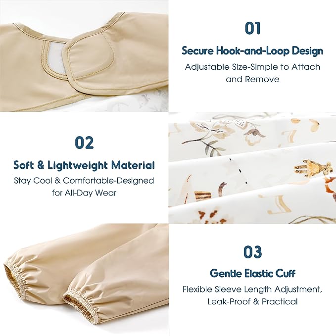 GRSSDER 2 Pack Long Sleeve Baby Feeding Bibs, Super Soft Lightweight Waterproof Coverall Baby Led Weaning Bib with Large Food Catcher Pocket, Adjustable and Easy Clean for 6-30 Months