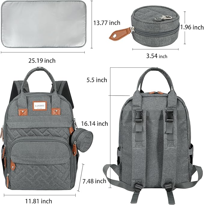 LANDICI Diaper Bag Backpack, Multifunction Baby Diaper Bags with Changing Pad, Stroller Straps & Pacifier Case, Travel Essentials Back Pack for Mom Dad Boy Girl, Large Capacity, Waterproof, Grey