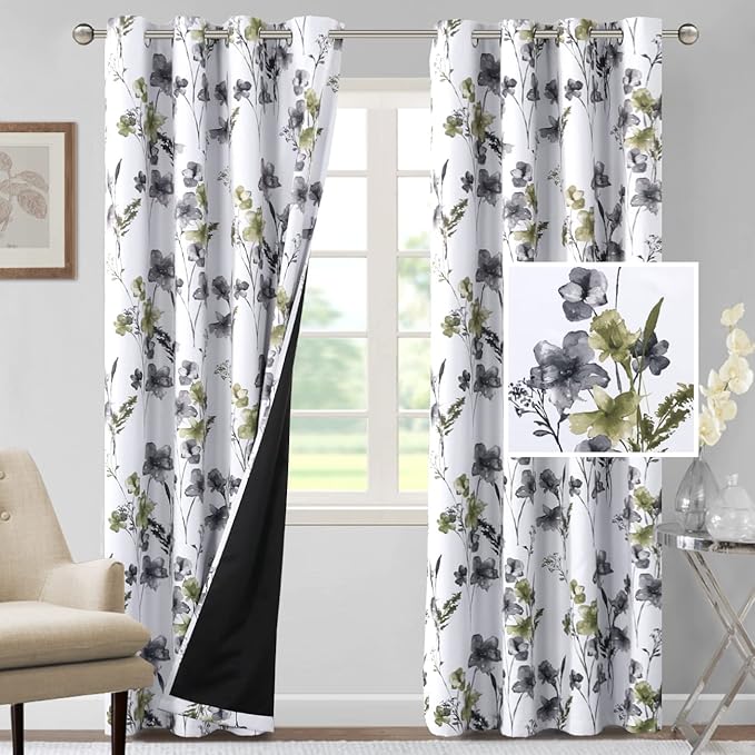 H.VERSAILTEX 100% Blackout Curtains 96 inch Length 2 Panels Set Cattleya Floral Printed Drapes Leah Floral Thermal Curtains for Bedroom with Black Liner Sound Proof Curtains, Grey and Olive