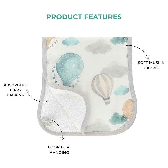 Featherhead 5 Pack Muslin Baby Burp Cloths for Boys & Girls, 22" X 11", Premium Cotton Muslin and Terry Spit up Rags, Super Soft and Absorbent (Green Hot Air Balloons)