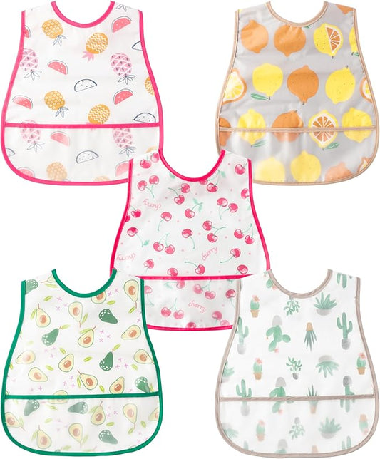 R HORSE 5Pcs Baby Bibs Set Toddler Bibs with Crumb Catcher Pocket & Snap Button Waterproof Baby Feeding Bibs for 6-24 Months