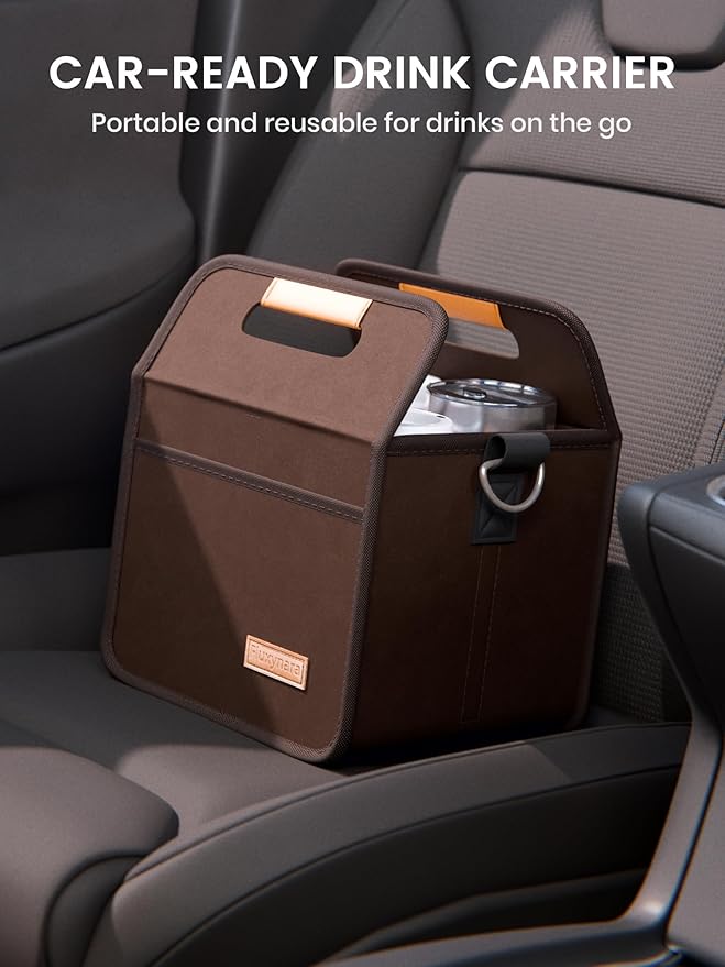 Fluxynara 4-Cup Reusable Felt Drink Carrier with Handle and Adjustable Shoulder Strap, Drink Holder for Car, Multi-Cup Drink Carrier Bag for Delivery, Travel, Picnics (Coffee Brown)