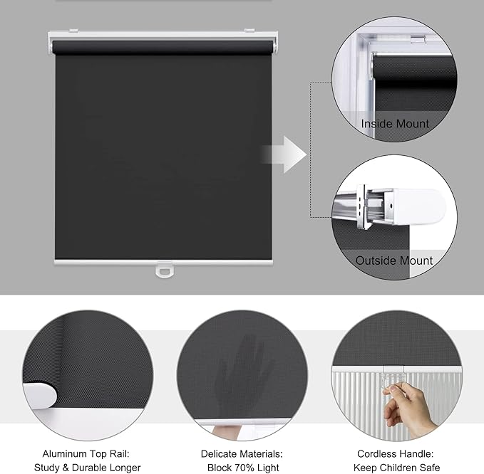AOSKY Cordless Roller Shades for Windows Light Filtering Shades with 5% Openness Solar Screen Semi Sheer Roller Blinds UV Protection for Office and Home. Easy to Install 34" W x 72" H (Black)
