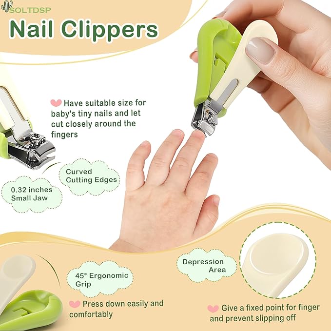 5-in-1 Baby Nail Kit with Storage Case, Cactus Theme Design Including Baby Nail Clippers, Nail Scissors, Nail File, Tweezers & Nose Picker, Newborn Essentials Must Haves for Baby Shower(Green)