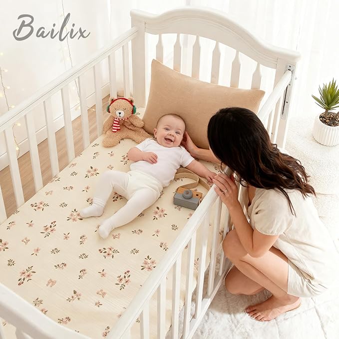 Heavyweight Muslin Baby Crib Sheets - 2PCS 52"x28" Neutral Fitted Crib Sheets for Boys Girls, Breathable Soft 100% Organic Cotton Standard Baby Mattress Sheet (Floral, Pink)